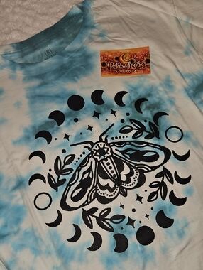 George Blue and White Tie-Dye Short Sleeve Tee with Black Moth Graphic